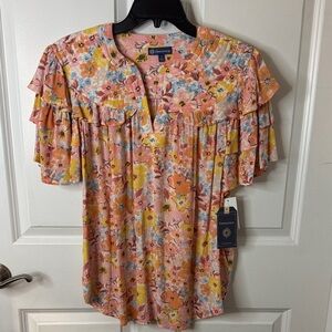 Democracy Women's Floral Ruffle Blouse - Pink and Yellow